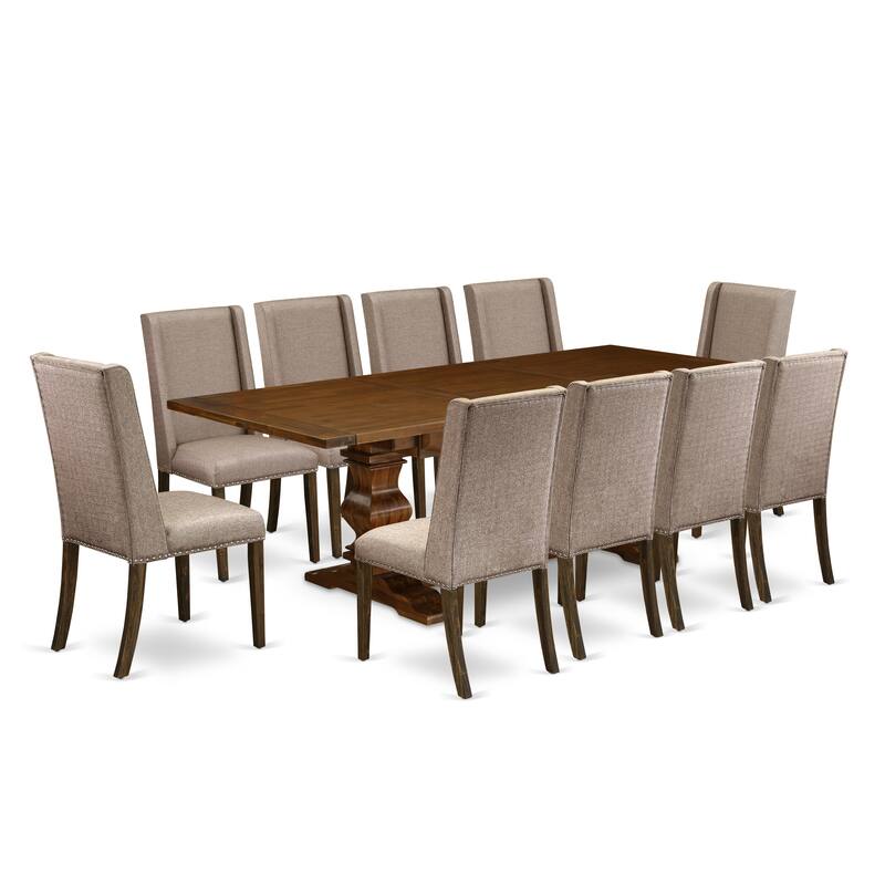 East West Furniture 11 Piece Dinette Set- a Dining Table with Removable Leaf and 10 Linen Fabric Dining Chairs(Finish Options)
