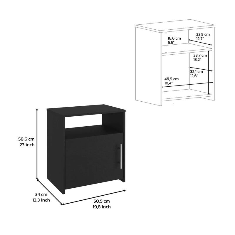 Modern Black Nightstand with Single Door Cabinet and Metal Handle