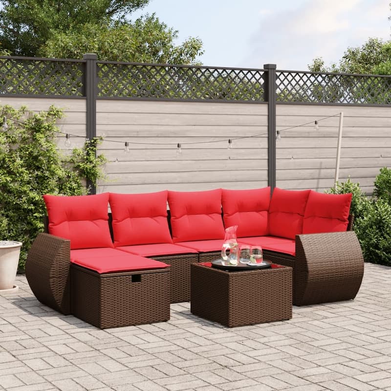 vidaXL Patio Sofa Set with Cushions Outdoor Conversation Furniture Poly Rattan - Brown with table - 24.4" x 24.4" x 27.2"