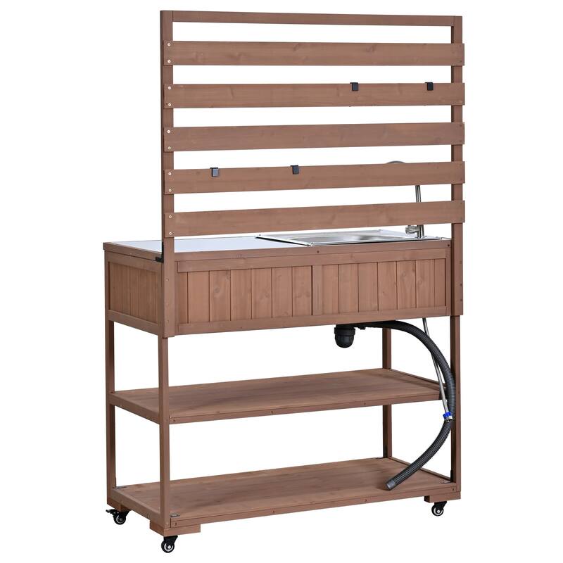 41.7'' Rolling Outdoor Kitchen Island, Solid Wood Kitchen Cart with Sink and Stainless Table Top