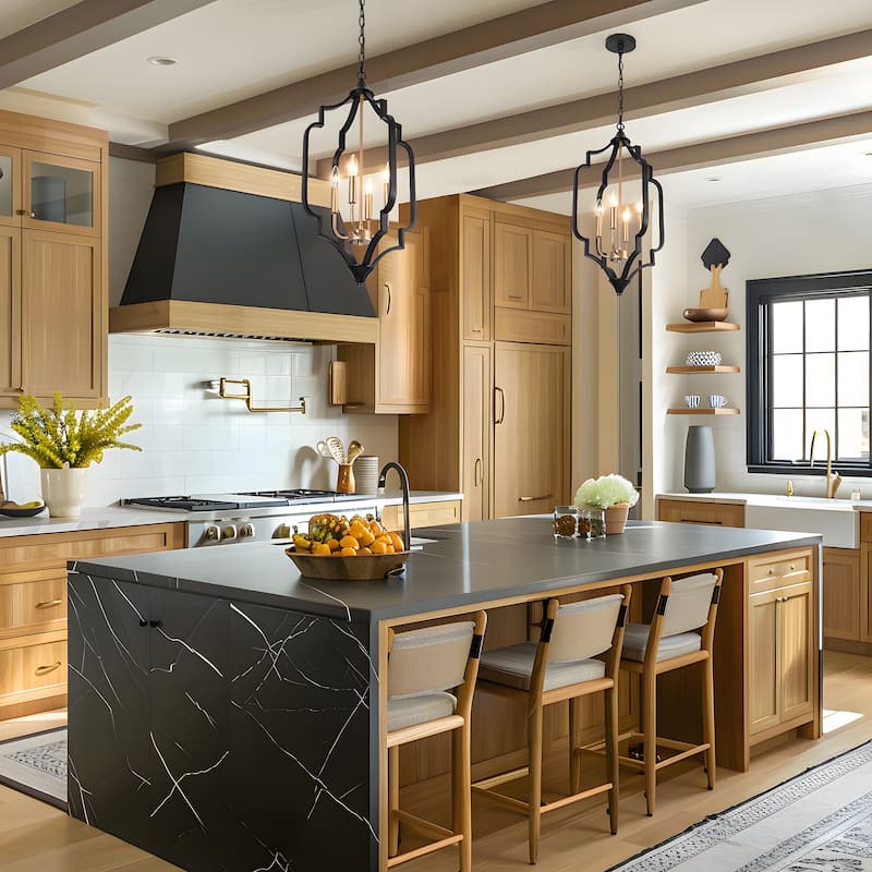 Modern Glam 4-Light Black Gold Chandelier Geometric Pendant Lights for Dining Room - 15" D x 27" H