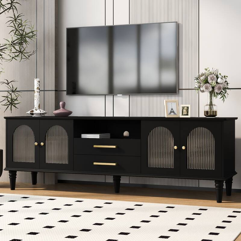 68.9" Retro TV Stand for TVs up to 75 Inches, Entertainment Center Media Console with Fluted Glass Doors - Black