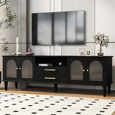 68.9" Retro TV Stand for TVs up to 75 Inches, Entertainment Center Media Console with Fluted Glass Doors