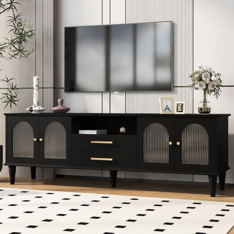 68.9" TV Stand for TVs up to 75 Inches, Entertainment Center Media Console with Fluted Glass Doors and Five Solid Wood Legs - Black