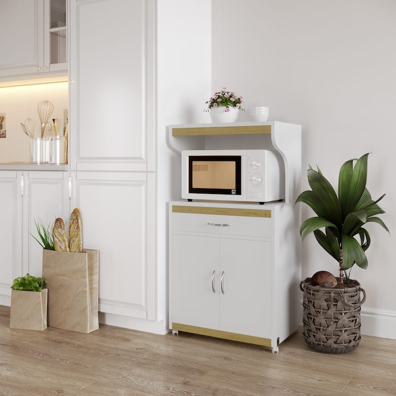 Lavish Home Microwave Stand with Storage, White and Oak