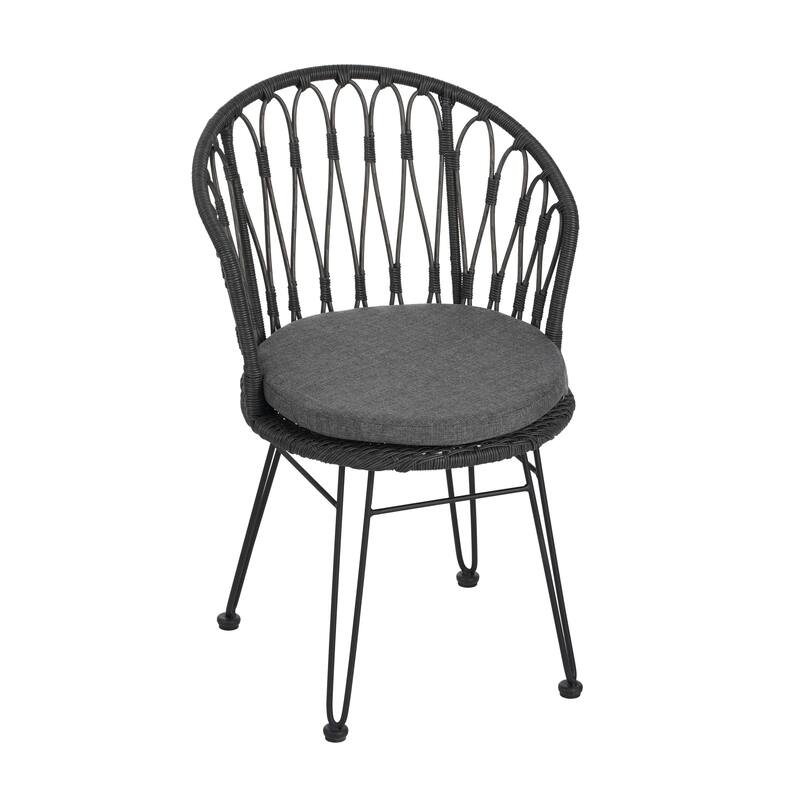 Roomfitters Set of 2 Boho Industrial Wicker Dining Chairs with Water-Resistant Cushions, Gray Rattan and Iron Hairpin Legs, Gray