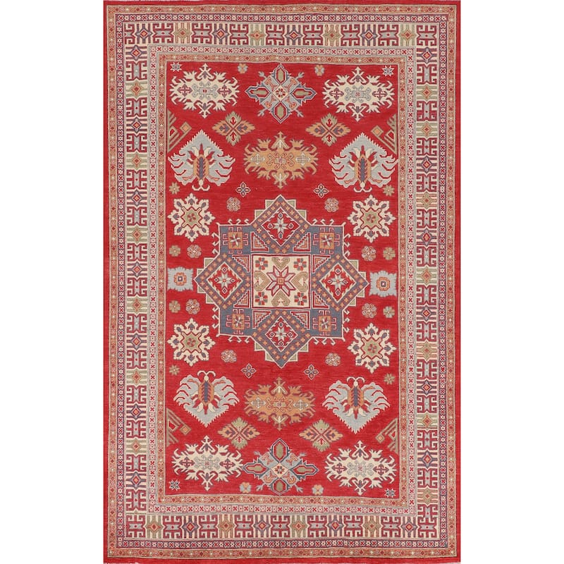 Oriental Red Geometric Kazak Area Rug Hand-Knotted Wool Carpet - 6'5" x 9'8"