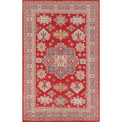 Oriental Red Geometric Kazak Area Rug Hand-Knotted Wool Carpet - 6'5" x 9'8"