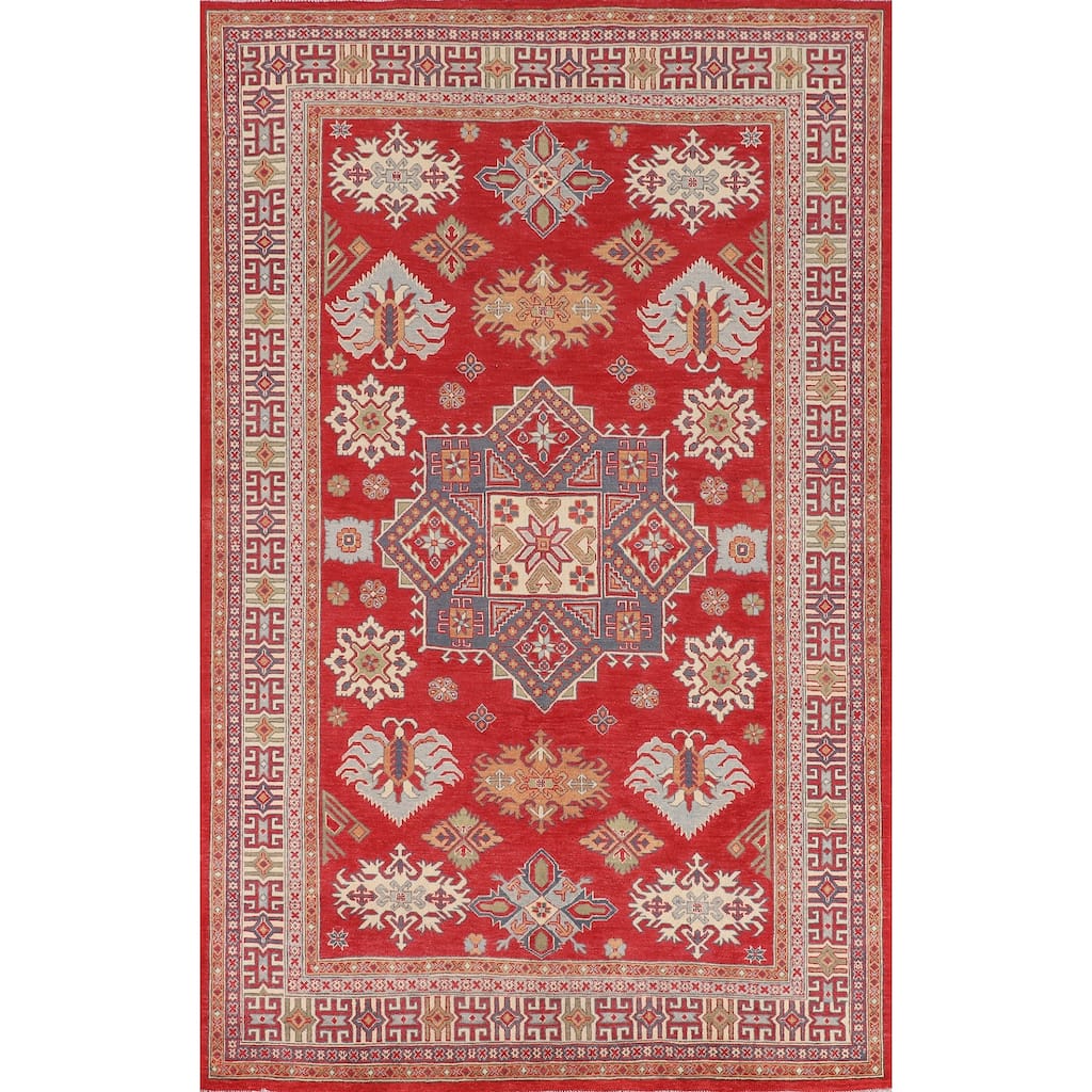 Oriental Red Geometric Kazak Area Rug Hand-Knotted Wool Carpet - 6'5" x 9'8"