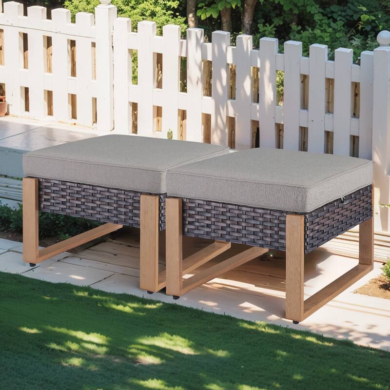 Gymojoy Outdoor Rattan Wicker Ottoman Seat - Brown - Grey