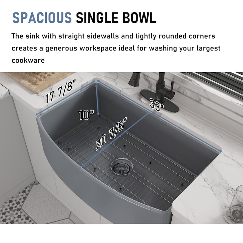 All-in-One Curved Design Single Bowl Farmhouse/Apron-Front Fireclay Kitchen Sink with Pull Down Kitchen Faucet and Accessories
