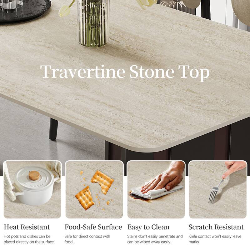 63" Modern Rectangular Writing Desk, Travertine Sintered Stone Top, Stainless Steel Double Base