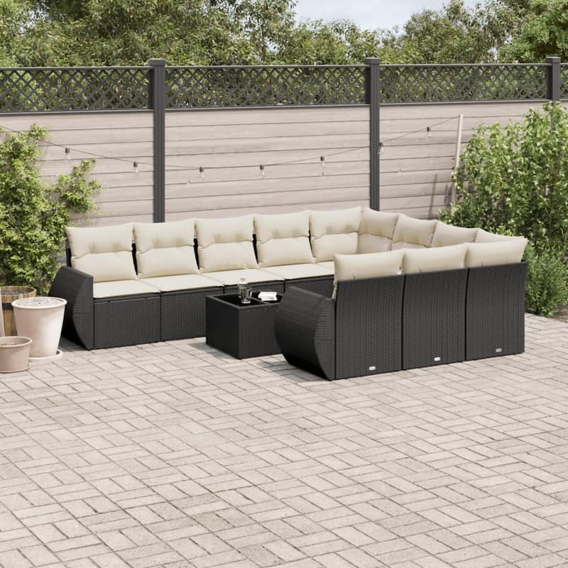 vidaXL Patio Sofa Set with Cushions Outdoor Conversation Furniture Poly Rattan - Black and cream 11 Piece With table