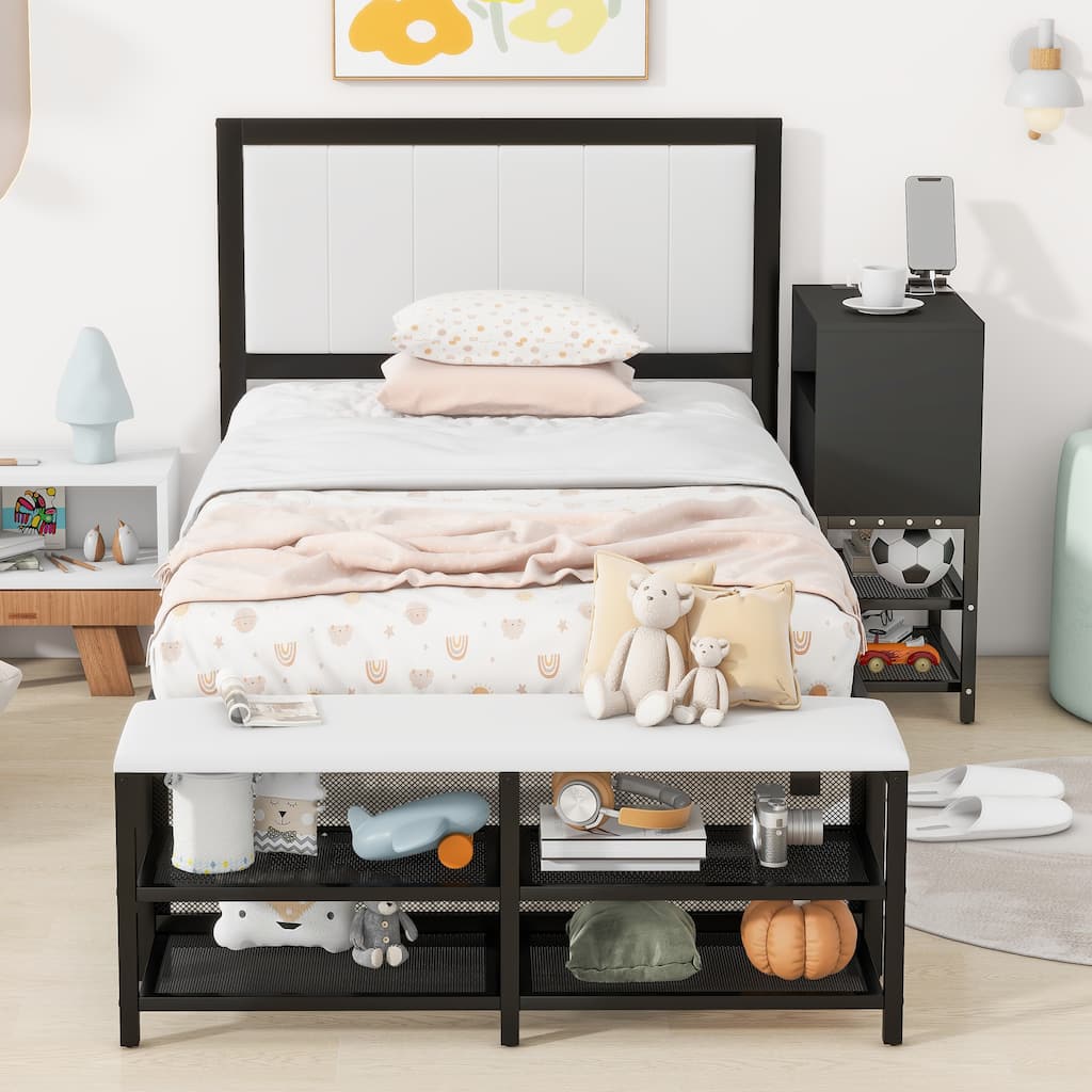 Versatile Platform Bed with Storage Cabinet and Cushioned Footrest, Twin/Full Size Metal Bed Frame with Upholstered Headboard
