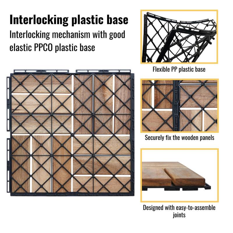 10 PCS Interlocking Deck Tiles Checker Pattern, 12" x 12" Square Acacia Hardwood Outdoor Flooring for Patio,Bancony,Pool Side