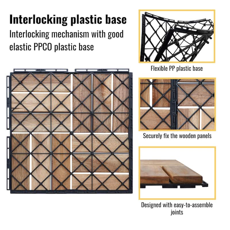 20 PCS Interlocking Deck Tiles Checker Pattern, 12" x 12"Square Acacia Hardwood Outdoor Flooring for Patio,Bancony,Pool Side