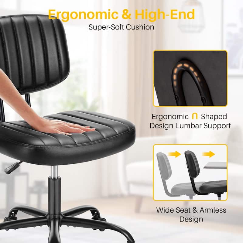Small Armless Office Desk Chair with Wheels and Low Back Lumbar Support, Comfy Cute PU Leather Vanity Rolling Swivel Task Chair