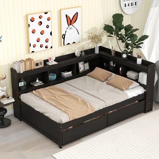Full Size Storage Bed w/ L-shaped Bookcases,Drawers Platform Bed Frame
