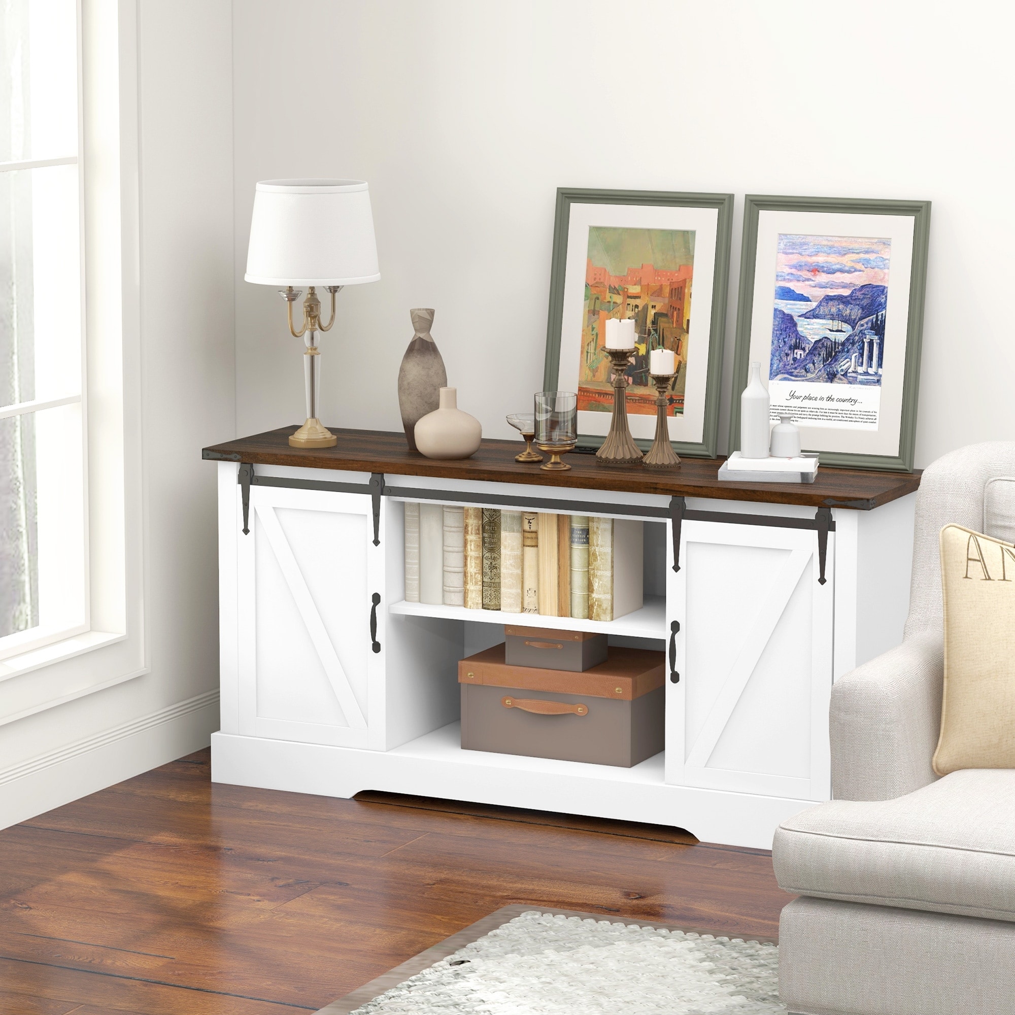 Sideboard Buffet Cabinet Storage Cabinet with Charging Station, Coffee Bar Cabinet with Sliding Doors & Adjustable Shelves