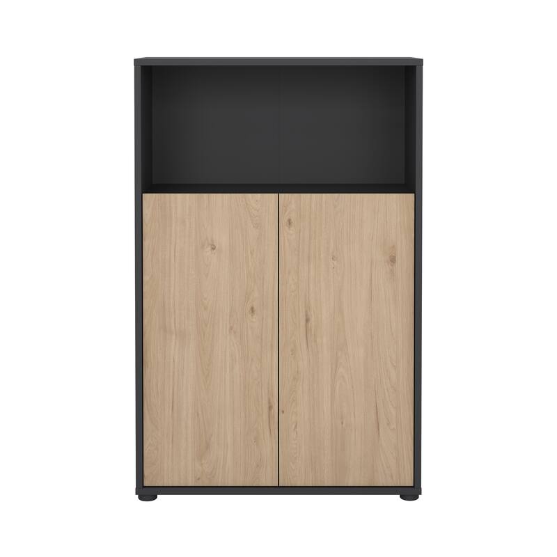 Carson Carrington Sign Adjustable 3 Shelf Bookcase with 2 Doors, Open Storage Home Office Bookshelf - 13.5"D x 31.34"W x 48.66"H - Matte Grey/Jackson Hickory