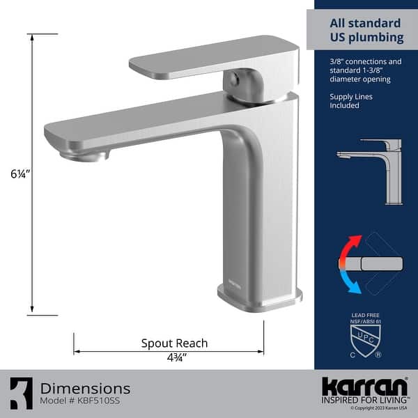 dimension image slide 1 of 3, Karran Venda KBF510 Single-Handle Single Hole Basin Bathroom Faucet with Matching Pop-up Drain