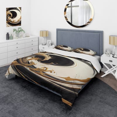 Designart "Black And Gold Swirl V" Black Modern - Bedding Set With Shams