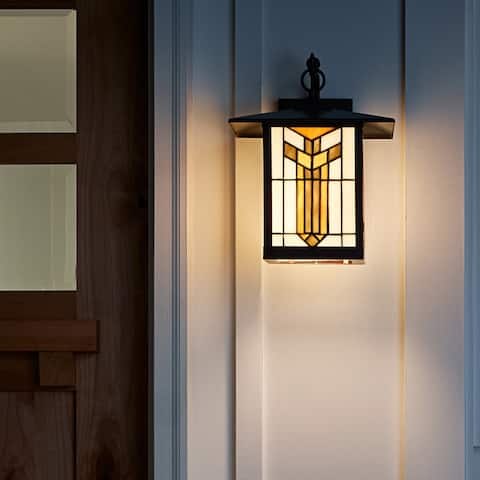 River of Goods Amber Stained Glass and Oil Rubbed Bronze 1-Light Outdoor Lantern Wall Sconce - 10.75" x 9" x 11.75"