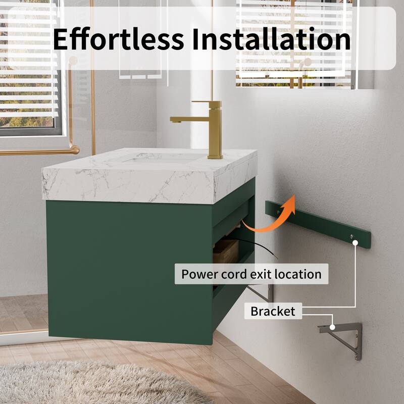 Modland 36" Wall-Mount Vanity with LED Light & 2 Soft-Close Drawers - Solid Oak, Black,White,Blue,Green - 36 inch