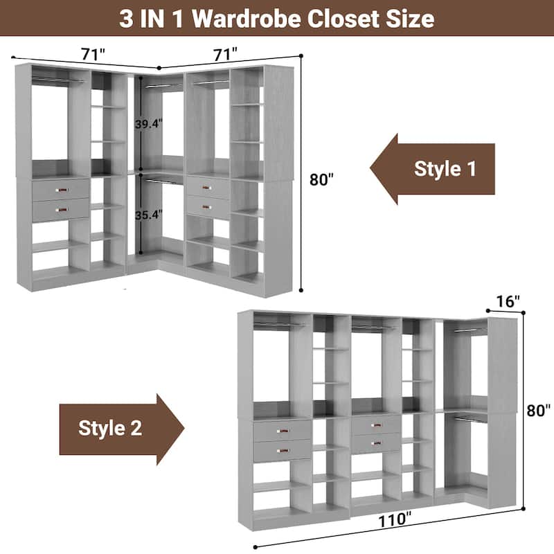 Set of 3 Corner Closet System with Tower Shelves, Closet Organizer with Drawers and Hanging Rods