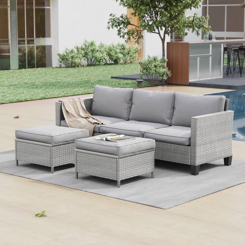 LIVOOSUN 3Pcs Patio Furniture Conversation Brown Rattan Patio Sofa Set - Gray/LightGray