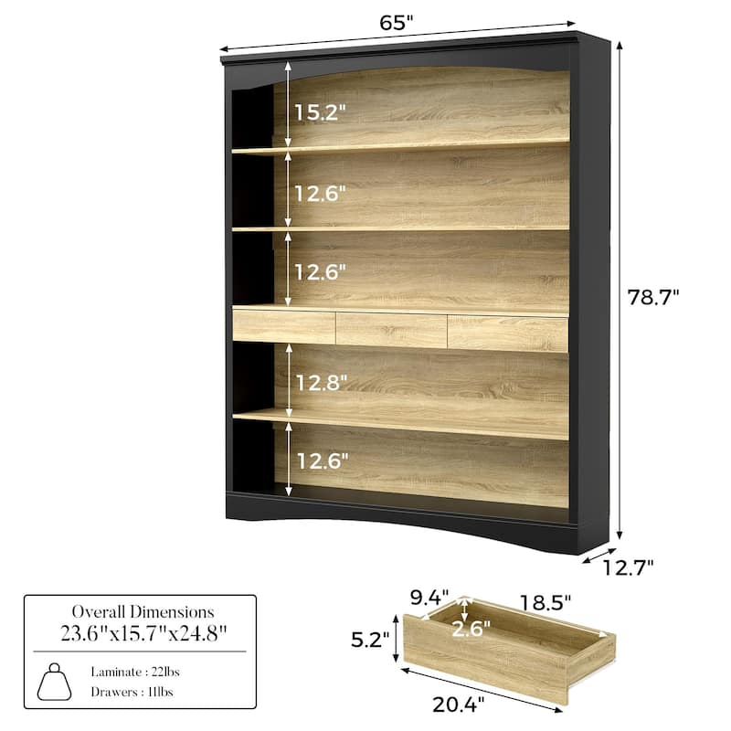 65" Tall Bookshelf with Drawers, Extra-Wide Storage Shelf Unit, Adjustable Wood Bookcase, Modern Display Cabinet
