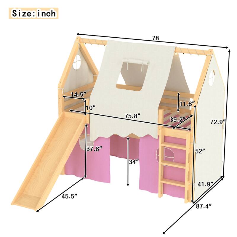Roomfitters House Loft Bed with Slide and Tent, Solid Wood Frame with Lights