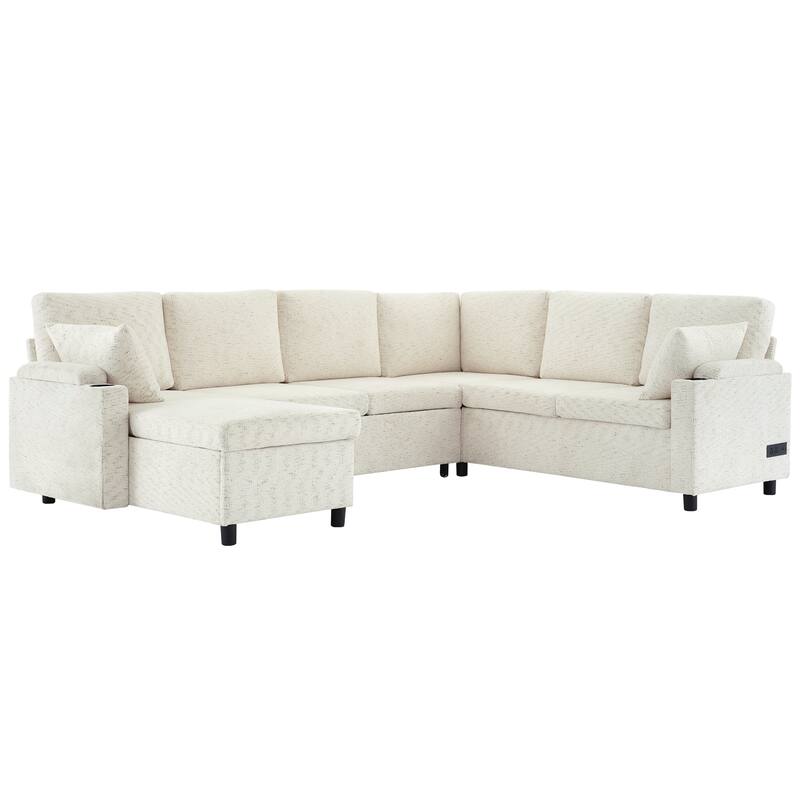 U-Shaped Chenille Sectional Sofa with Storage Chaise Lounge, Convertible Sleeper Sofa Bed with Cup Holders & Charging Ports