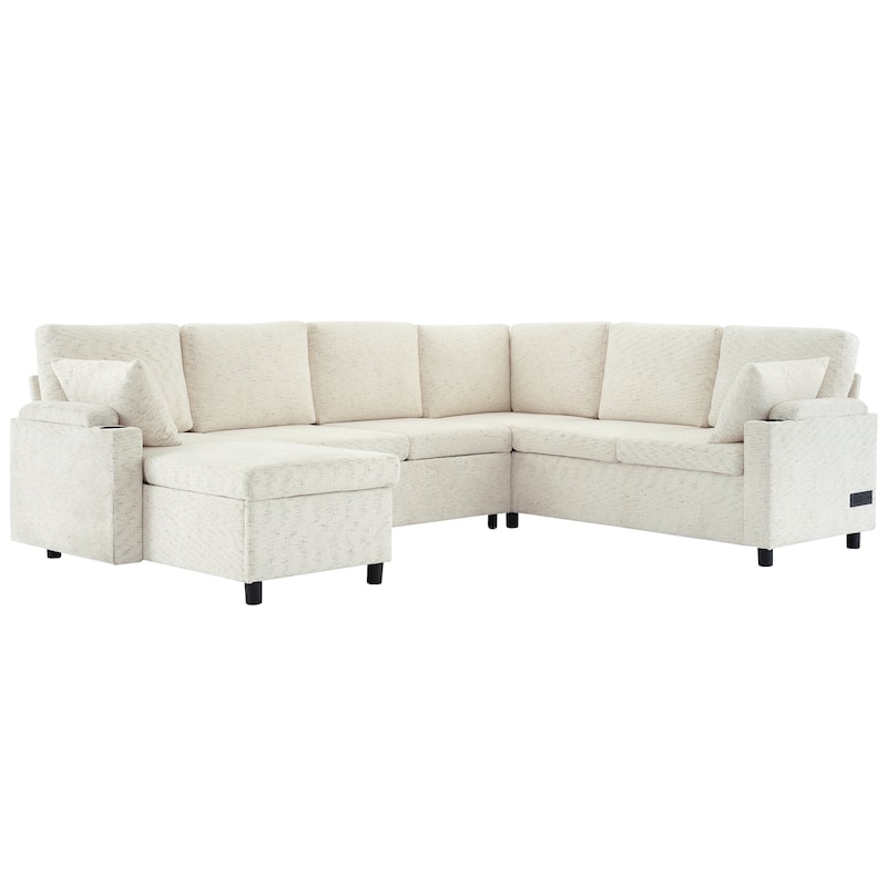 U-shaped Sofa, Chenille Sectional Sofa with 2 Cup Holders and Charging Ports Livingroom Sleeper Recliner Sofa Couch