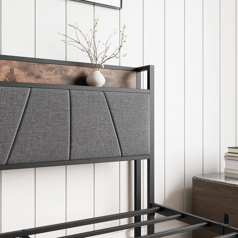 Rustic Style Metal Platform Bed Frame with 2 Drawers & Charging Station
