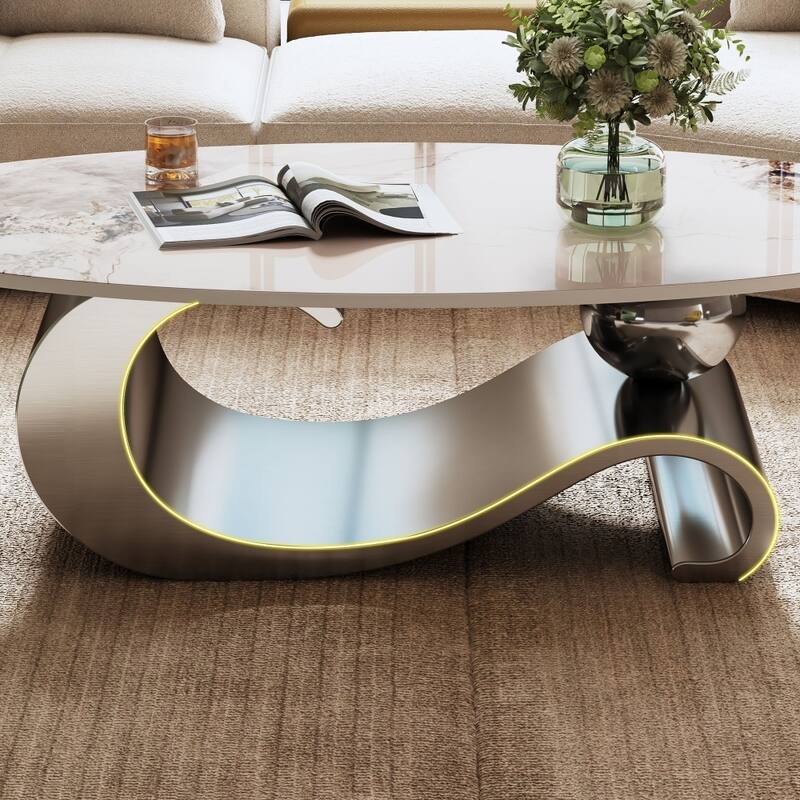 Modern Oval Faux Marble Coffee Table with Curved Stainless Steel Base