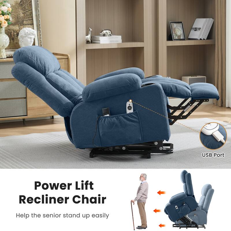 Power Lift Recliner Chair with Heat and Massage Electric Fabric Recliner Chair with Side Pocket, USB Charge Port, Remote Control