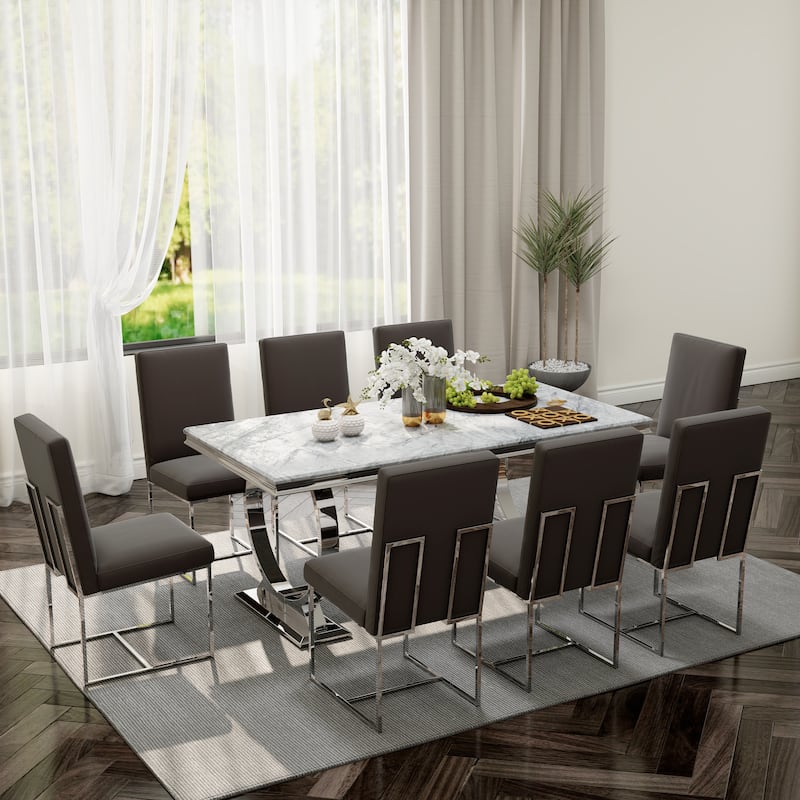 White and Gold Dining Room Table Set with 72 inch Table and White PU Leather Dining Chairs - Table with 8 Chairs - Grey