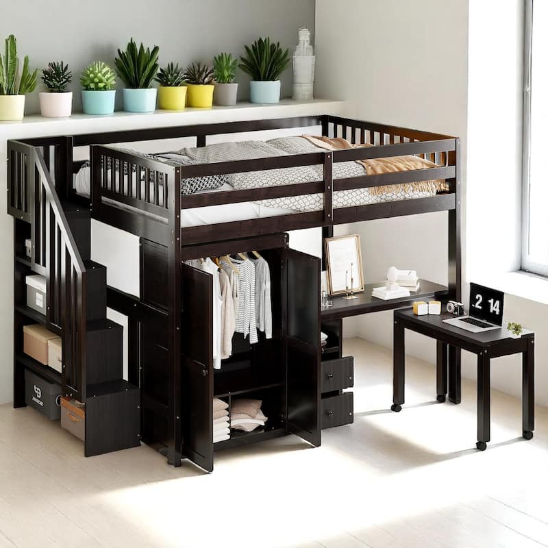 Twin/Full Size Loft Bed with Desk, Wardrobe, Drawers & Stairs, Wood Frame Study Bed with Storage for Kids/Teens - Espresso - Full
