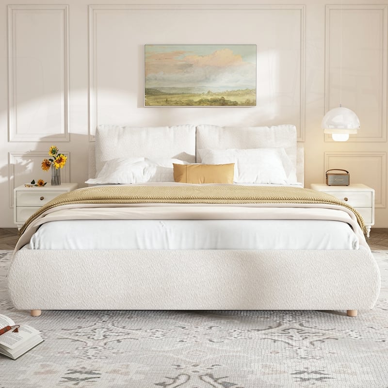 Boucle Fabric Upholstered Platform Bed with Two Removable Pillow Headboard - White - Queen