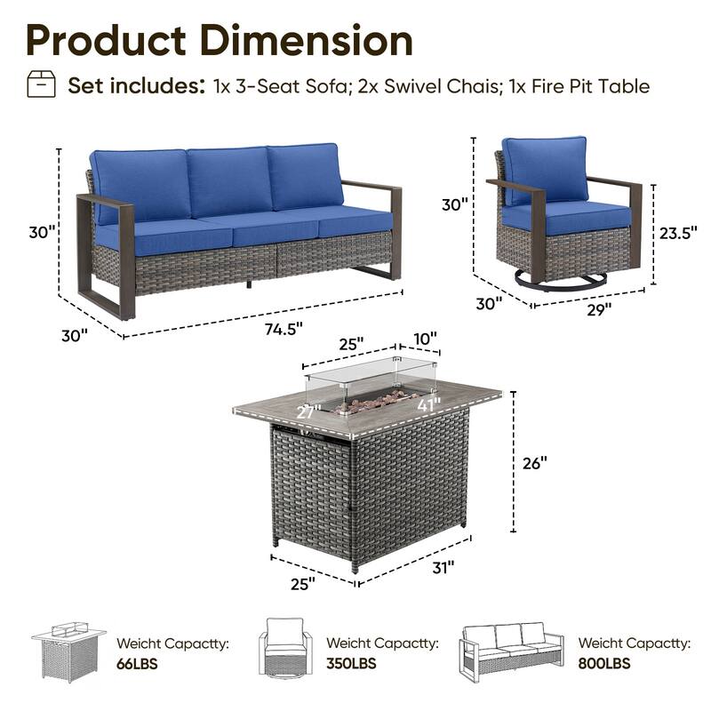 Pocassy 4 Pieces Outdoor Sofa Swivel Chair with Fire Pit Table Set