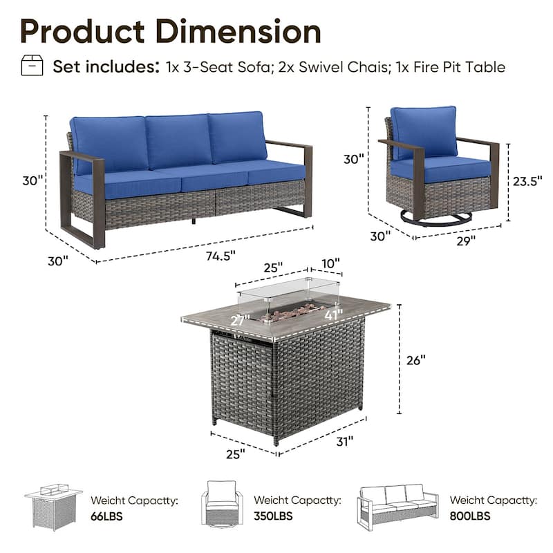 Pocassy Outdoor Wicker Sofa Swivel Chair with Fire Table Set