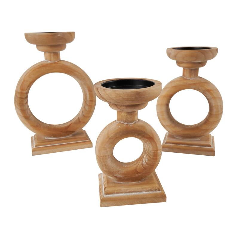 Brown Wood Circular Ring Candle Holder (Set of 3)