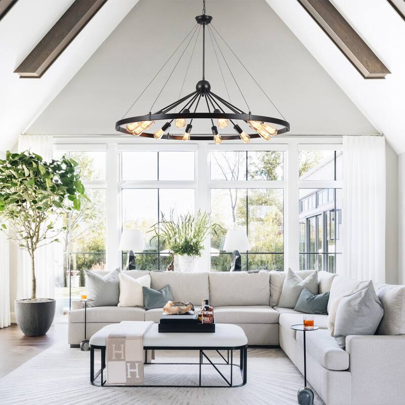 12-Light W43.3" x H90.55" Wagon Wheel Chandelier for Study Bedroom