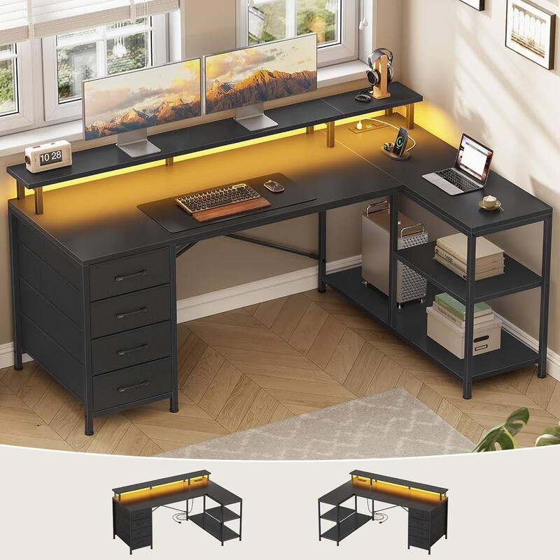 L Shaped Desk with 4 Drawers and Storage Shelves Gaming Desk - Black