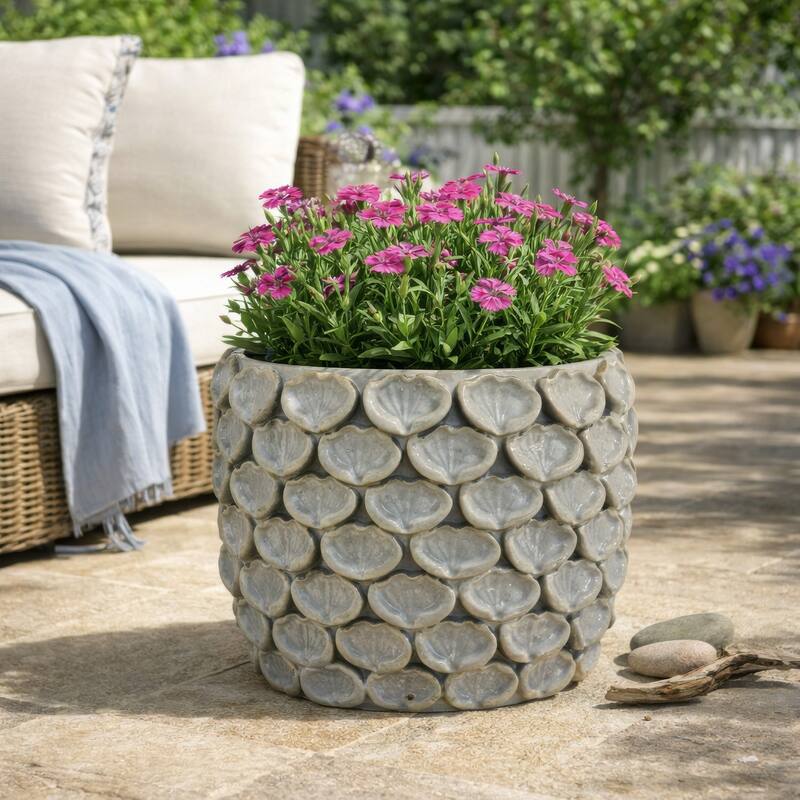 Decorative Textured Planter, Seashell Style 12 Inch Gray Ceramic Body