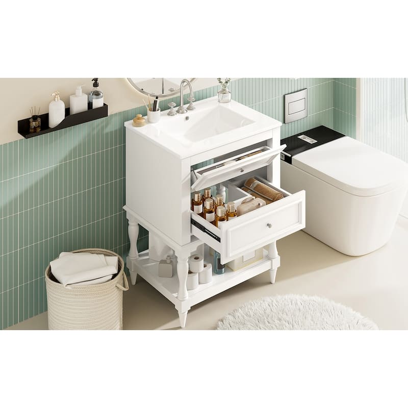 24" Bathroom Vanity with Ceramic Sink, Bathroom Storage Cabinet with Open Shelf, Retro Design Bathroom Cabinet with 2 Drawers