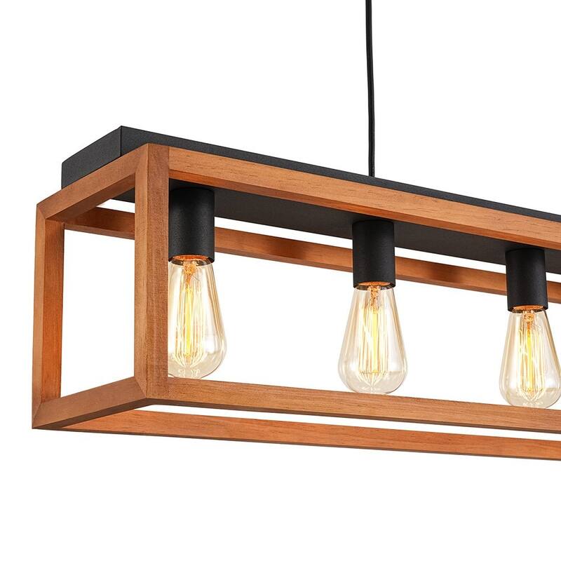 Rustic Oak Wooden Rectangular Cage Island Chandelier Ceiling Light - 39.4 Inches