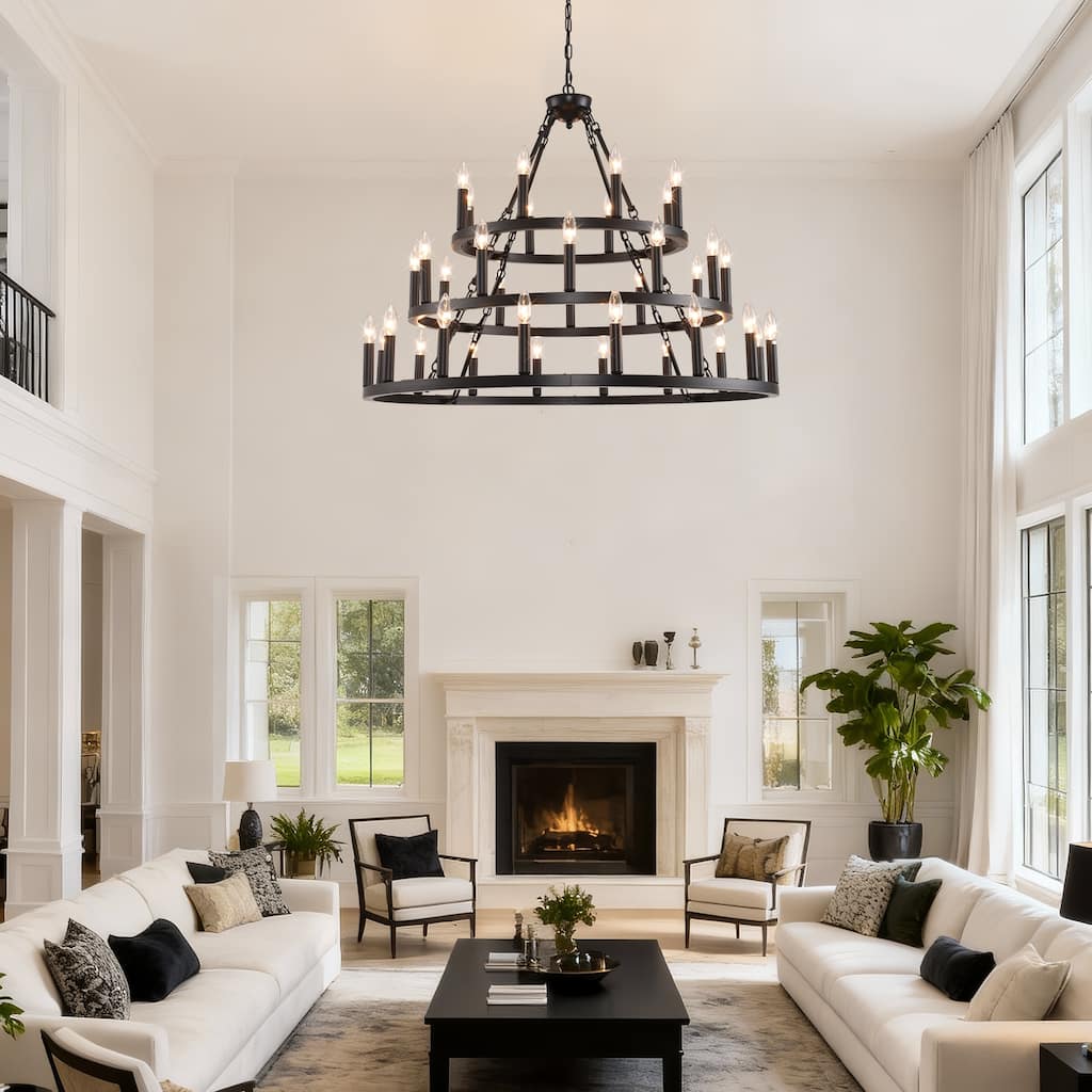 39.37 INCH 3 Tiers Wagon Wheel Chandelier Farmhouse 36-Light(8+12+16) , Black Fixtures Industrial. Adjustable Height-E12