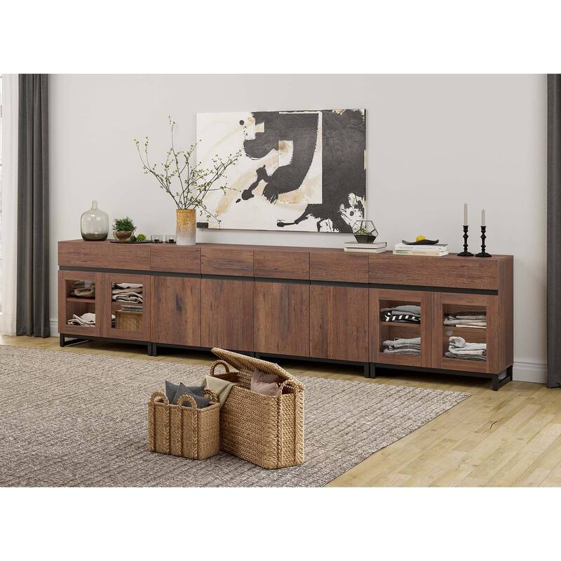 Modern 4 in 1 Dresser with Glass Doors & 2 Drawers, Adjustable Shelf & Metal Base for Bedroom - Brown - 2-drawer